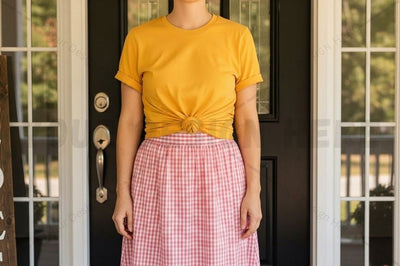 Casual summer outfit with yellow t-shirt and plaid skirt Mock Up Photo Designangry 
