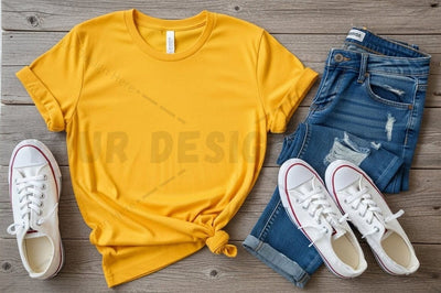 Casual summer outfit - yellow t-shirt with distressed jeans and sneakers Mock Up Photo Regulrcrative 
