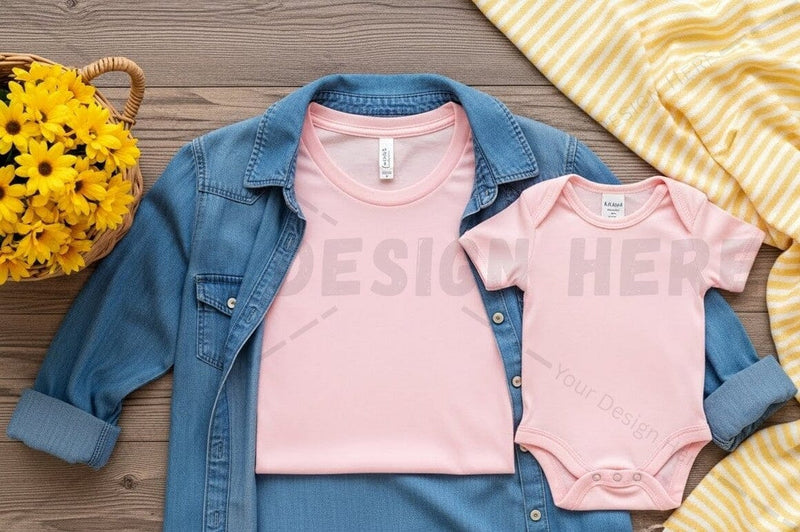 Casual summer t-shirt and baby onesie set Mock Up Photo Regulrcrative 