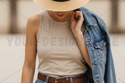 Casual summer t-shirt and denim jacket outfit Mock Up Photo Regulrcrative 