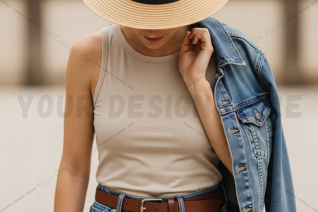 Casual summer t-shirt and denim jacket outfit Mock Up Photo Regulrcrative 