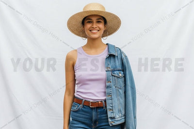 Casual summer t-shirt mockup with denim jacket and straw hat Mock Up Photo Regulrcrative 