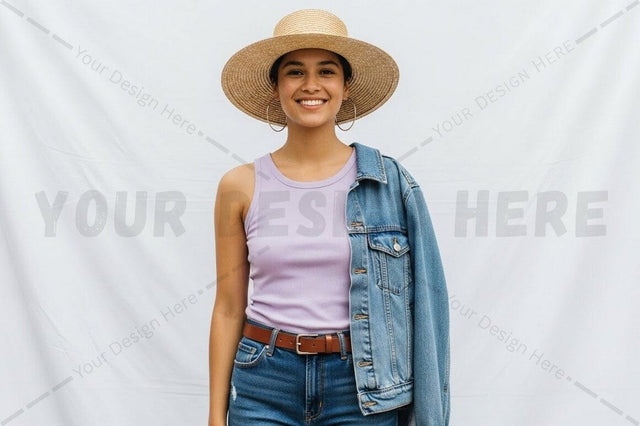 Casual summer t-shirt mockup with denim jacket and straw hat Mock Up Photo Regulrcrative 