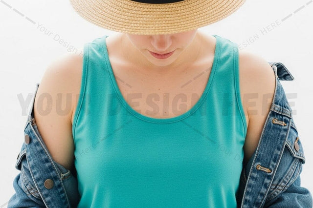 Casual summer t-shirt with denim jacket and straw hat Mock Up Photo Regulrcrative 