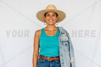 Casual summer t-shirt with denim jacket and straw hat Mock Up Photo Regulrcrative 
