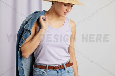 Casual summer t-shirt with denim jacket and straw hat Mock Up Photo Regulrcrative 