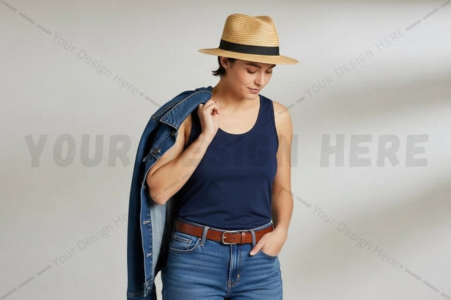 Casual summer t-shirt with denim jacket and straw hat Mock Up Photo Regulrcrative 