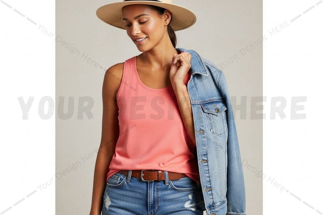 Casual summer tank top with denim jacket Mock Up Photo Regulrcrative 