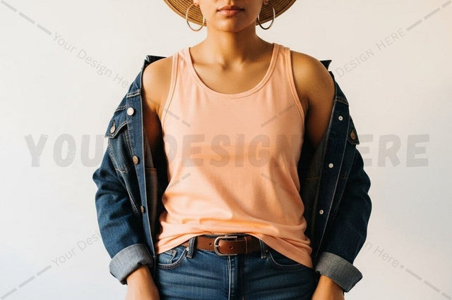 Casual summer tank top with denim jacket Mock Up Photo Regulrcrative 