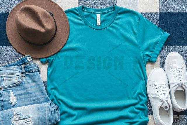 Casual teal t-shirt outfit with accessories Mock Up Photo Designangry 
