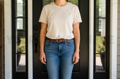 Casual white t-shirt and blue jeans outfit Mock Up Photo Designangry 