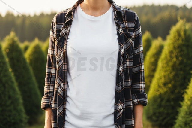 Casual white t-shirt with plaid shirt overlay Mock Up Photo Designangry 