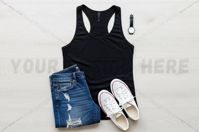 Casual women's outfit - black tank top, distressed jeans, and white sneakers Mock Up Photo Regulrcrative 
