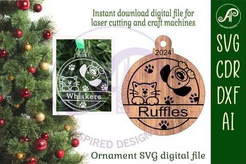 cat and dog Christmas Ornament SVG laser cut SVG APInspireddesigns 