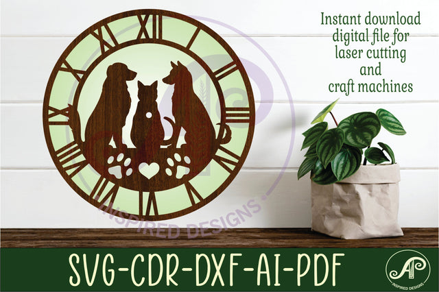 Cat and dogs pets wall clock laser cut files, SVG SVG APInspireddesigns 