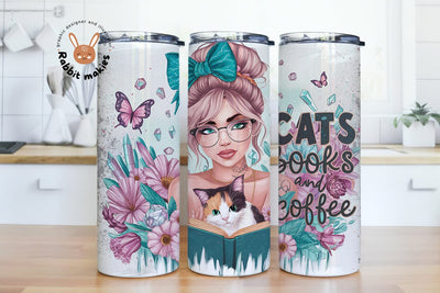 Cat Book And Coffee 20 Oz Skinny Tumbler, Cat Reading Coffee Tumbler Wrap Sublimation Design, Reading Lovers Funny Pet Design, Reader Wildflower PNG Digital Download Sublimation Rabbitmakies 