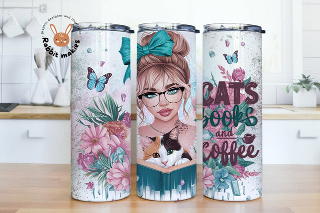 Cat Book And Coffee 20 Oz Skinny Tumbler, Cat Reading Coffee Tumbler Wrap Sublimation Design, Reading Lovers Funny Pet Design Sublimation Rabbitmakies 