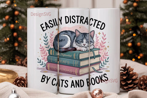 Cat & Books Tumbler Wrap Sublimation DesignSVG 