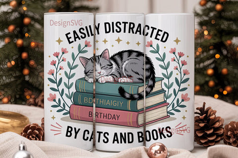 Cat & Books Tumbler Wrap Sublimation DesignSVG 