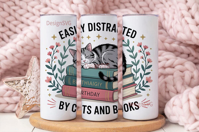 Cat & Books Tumbler Wrap Sublimation DesignSVG 