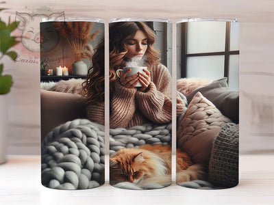Cat & Coffee Cozy Girl Tumbler, Coffee Lover Wrap, Cat and Coffee Sublimation, 20oz Cat Tumbler, Cozy Coffee Art, Pet Lover Mug, Whimsical Coffee Cup Sublimation Lara' s Designs 