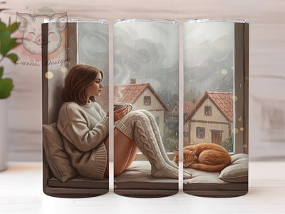 Cat & Coffee Cozy Girl Tumbler, Coffee Lover Wrap, Cat and Coffee Sublimation, 20oz Cat Tumbler, Cozy Coffee Art, Pet Lover Mug, Whimsical Coffee Cup Sublimation Lara' s Designs 
