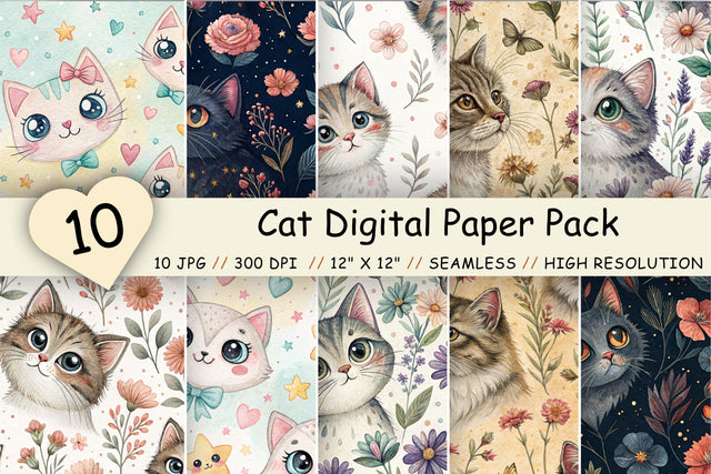 Cat Digital Paper Pack, Seamless Watercolor Pattern Bundle, Printable Scrapbook Paper, Cute Feline Botanical Design Collection Digital Pattern FloridPrintables 