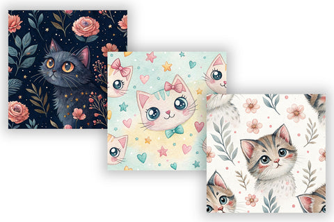 Cat Digital Paper Pack, Seamless Watercolor Pattern Bundle, Printable Scrapbook Paper, Cute Feline Botanical Design Collection Digital Pattern FloridPrintables 