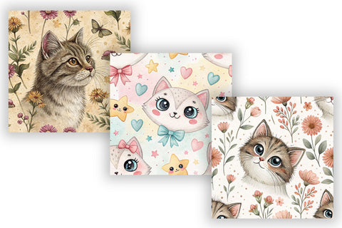 Cat Digital Paper Pack, Seamless Watercolor Pattern Bundle, Printable Scrapbook Paper, Cute Feline Botanical Design Collection Digital Pattern FloridPrintables 