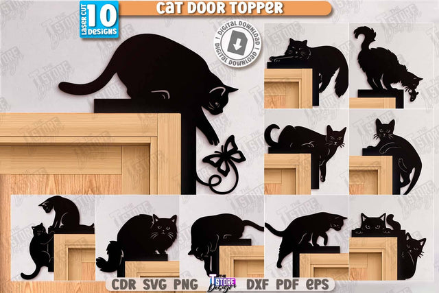 Cat Door Topper Laser Cut Bundle. Door Corner. Home Decor. Silhouette of Cats. Wall Decor. Cute Design. CNC File SVG The T Store Design 