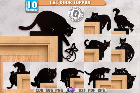 Cat Door Topper Laser Cut Bundle. Door Corner. Home Decor. Silhouette of Cats. Wall Decor. Cute Design. CNC File SVG The T Store Design 