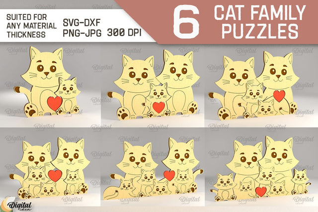 Cat Family Puzzle SVG Bundle. Cat Figurine Laser Cut SVG Evgenyia Guschina 