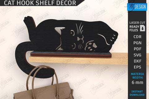 Cat Hooks Shelf Décor Laser Cut Bundle | 3D Wall Hook | Black Cat SVG | Shelf with Hooks Template | Home Décor | 3D Laser | CNC Files SVG Fly Design 
