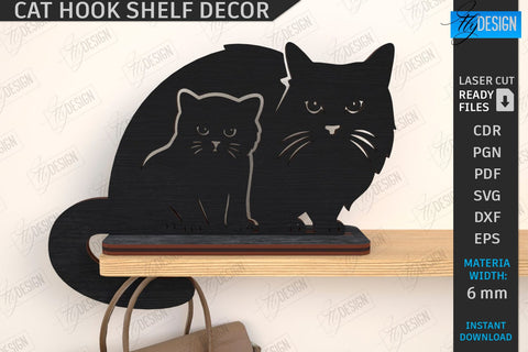Cat Hooks Shelf Décor Laser Cut Bundle | 3D Wall Hook | Black Cat SVG | Shelf with Hooks Template | Home Décor | 3D Laser | CNC Files SVG Fly Design 