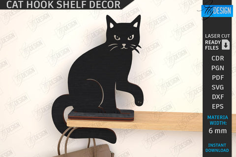 Cat Hooks Shelf Décor Laser Cut Bundle | 3D Wall Hook | Black Cat SVG | Shelf with Hooks Template | Home Décor | 3D Laser | CNC Files SVG Fly Design 