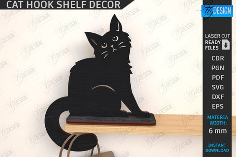 Cat Hooks Shelf Décor Laser Cut Bundle | 3D Wall Hook | Black Cat SVG | Shelf with Hooks Template | Home Décor | 3D Laser | CNC Files SVG Fly Design 