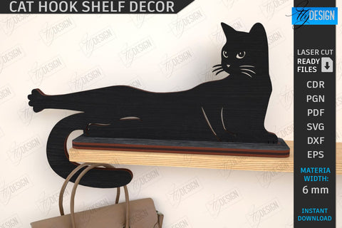 Cat Hooks Shelf Décor Laser Cut Bundle | 3D Wall Hook | Black Cat SVG | Shelf with Hooks Template | Home Décor | 3D Laser | CNC Files SVG Fly Design 