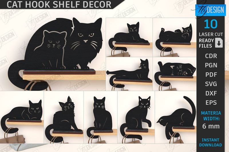 Cat Hooks Shelf Décor Laser Cut Bundle | 3D Wall Hook | Black Cat SVG | Shelf with Hooks Template | Home Décor | 3D Laser | CNC Files SVG Fly Design 