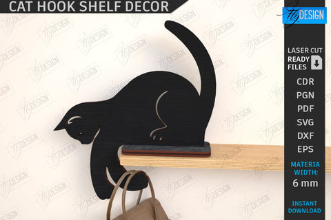 Cat Hooks Shelf Décor Laser Cut Bundle | 3D Wall Hook | Black Cat SVG | Shelf with Hooks Template | Home Décor | 3D Laser | CNC Files SVG Fly Design 