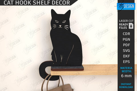 Cat Hooks Shelf Décor Laser Cut Bundle | 3D Wall Hook | Black Cat SVG | Shelf with Hooks Template | Home Décor | 3D Laser | CNC Files SVG Fly Design 