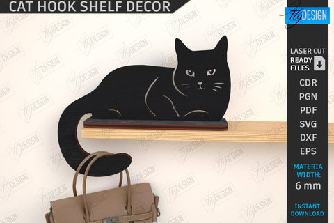 Cat Hooks Shelf Décor Laser Cut Bundle | 3D Wall Hook | Black Cat SVG | Shelf with Hooks Template | Home Décor | 3D Laser | CNC Files SVG Fly Design 