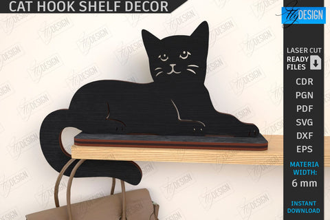 Cat Hooks Shelf Décor Laser Cut Bundle | 3D Wall Hook | Black Cat SVG | Shelf with Hooks Template | Home Décor | 3D Laser | CNC Files SVG Fly Design 