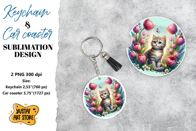 Cat Keychain & Cat Car coaster sublimation. Sublimation Yustaf Art Store 
