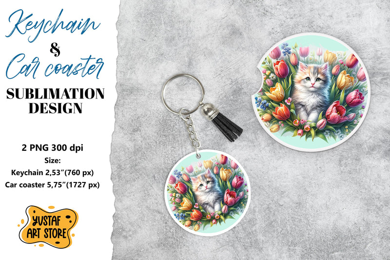 Cat Keychain & Cat Car coaster sublimation. Sublimation Yustaf Art Store 