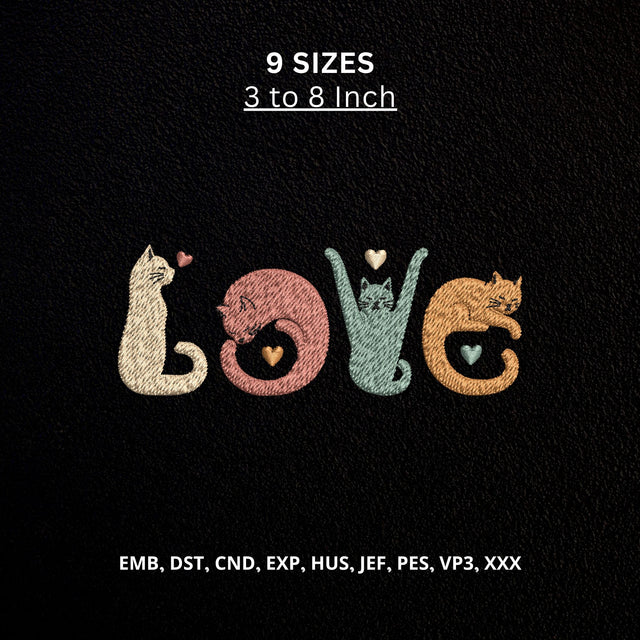 Cat Love Machine Embroidery Design Cute Cats and Hearts Embroidery File Embroidery/Applique DESIGNS PatternFeed8 