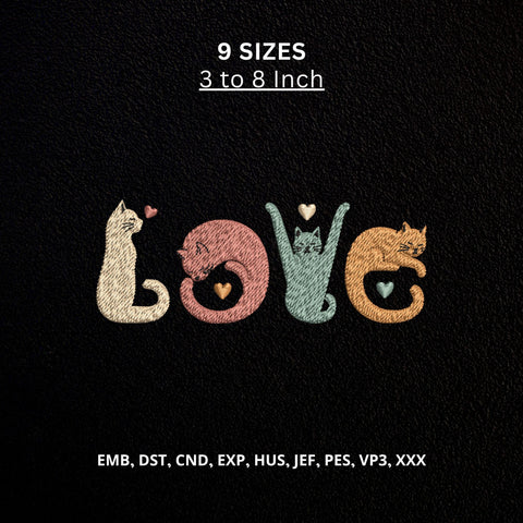 Cat Love Machine Embroidery Design Cute Cats and Hearts Embroidery File Embroidery/Applique DESIGNS PatternFeed8 