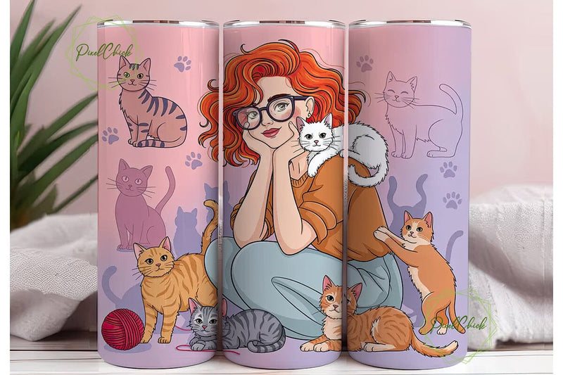 Cat Lover Girl and Many Cats Tumbler Sublimation PixelChick 