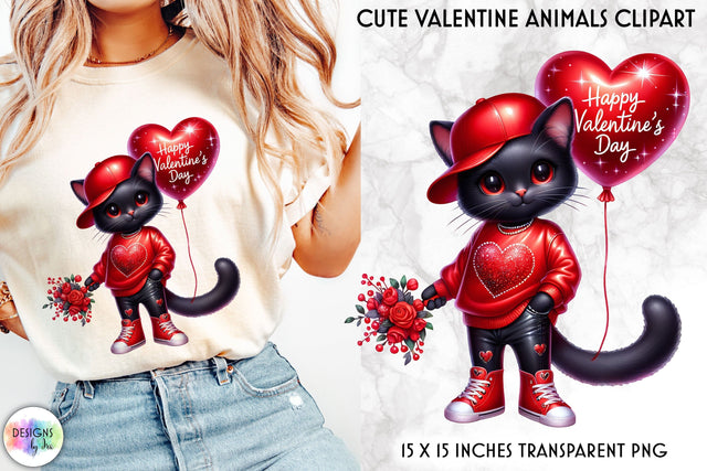 Cat Lover Valentine Clipart, Black Cat with Red Roses Sublimation Designs by Ira 
