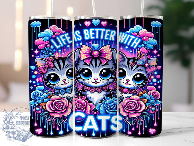 Cat Lovers 20oz Skinny Tumbler, Life is Better With Cats Tumbler Png, Straight & Tapered Tumbler Wrap, Instant Digital Download Sublimation ToriDesigns 