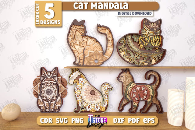 Cat Mandala Laser Cut Bundle | Home Décor | Wall Art | Mandala of Patterns | Wall Décor | CNC Files SVG The T Store Design 